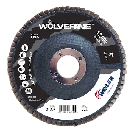 Weiler 5" Abrasive Flap Disc, Conical (TY29), Phenolic Backing, 60Z, 7/8" 31357